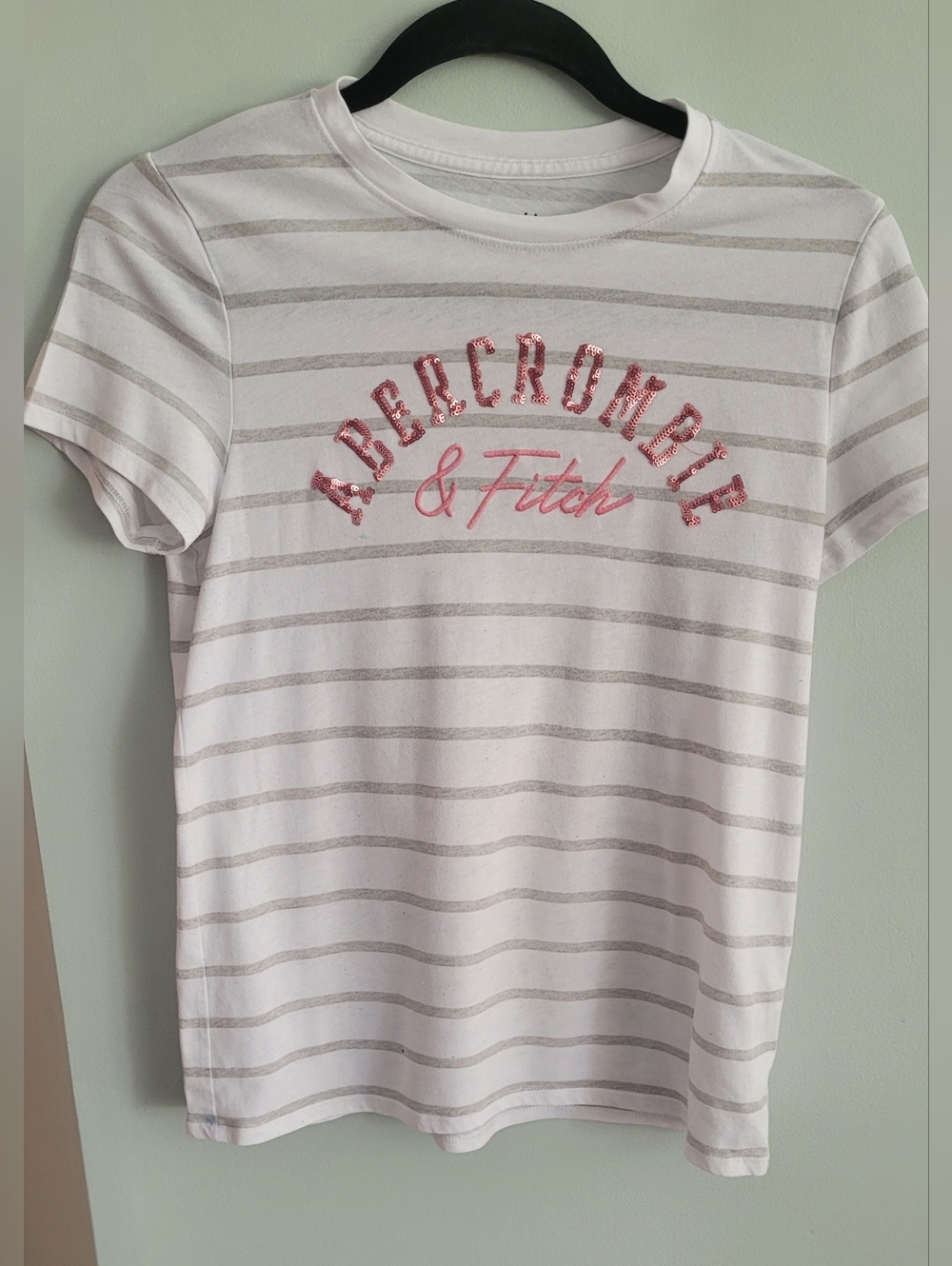 Girl's Abercrombie & Fitch White Tee with Pink Logo and Gray Stripes